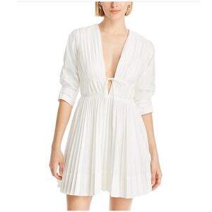 Simkhai Steph Mini Dress White Pleated Plunging V-Neck‎ Puff Sleeve Size 0 NEW
